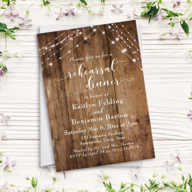 Rustic Brown Wood & Light Strings Rehearsal Dinner Invitation (Creator Uploaded)