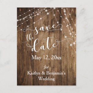 Rustic Brown Wood, Light Strings Save the Date Announcement Postcard