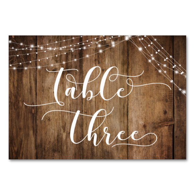 Rustic Brown Wood & Light Strings Table Three Card (Front)