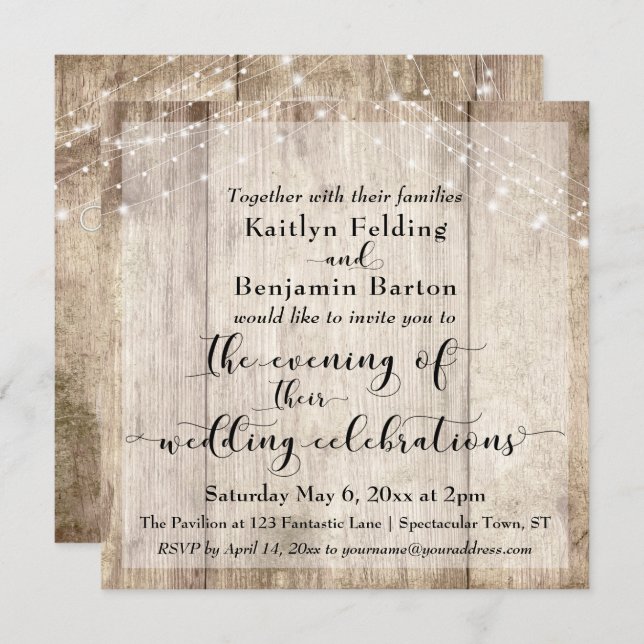 Rustic Brown Wood & Lights Evening Wedding Events Invitation (Front/Back)