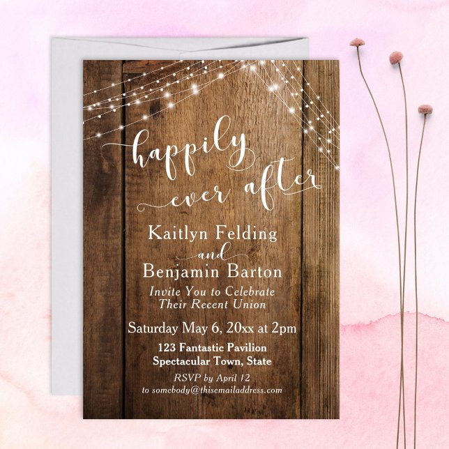 Rustic Brown Wood & Lights Happily Ever After Invitation (Creator Uploaded)