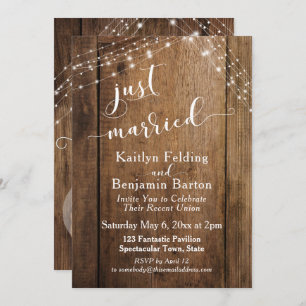 Rustic Brown Wood & Lights Just Married Event Invitation