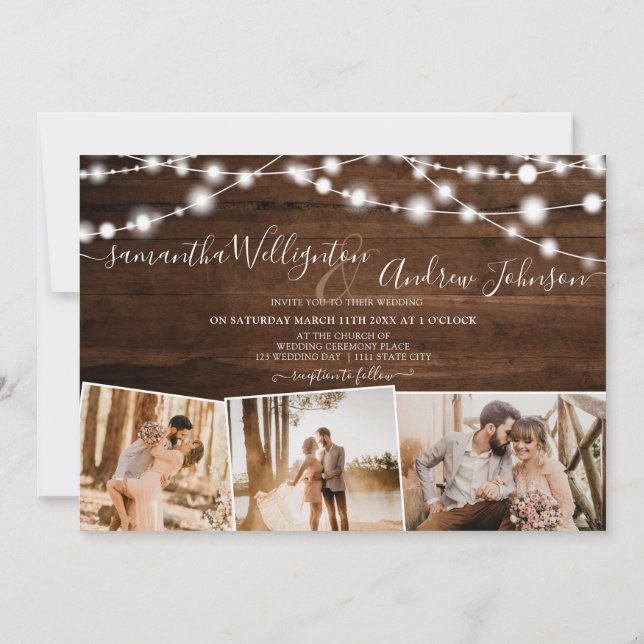 Rustic brown wood lights script 4 photos wedding invitation (Back)