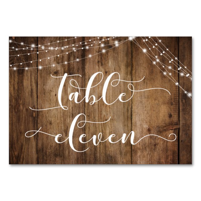 Rustic Brown Wood & Lights Table Eleven Card (Front)