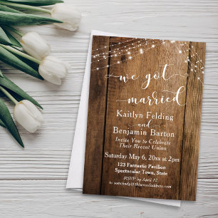 Rustic Brown Wood & Lights We Got Married Event Invitation