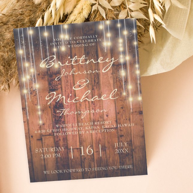 Rustic Brown Wood & Lights | Wedding Invitation (Creator Uploaded)