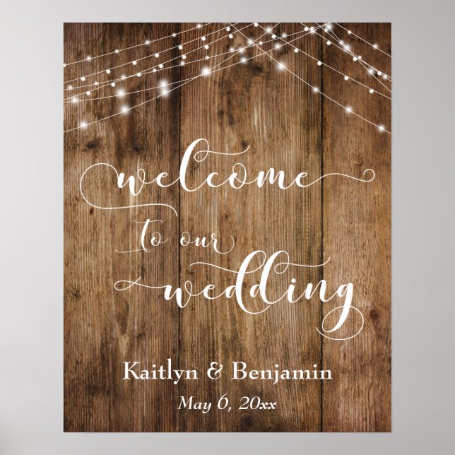 Rustic Brown Wood & Lights Wedding Welcome Sign (Front)