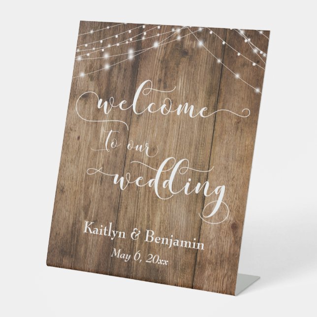 Rustic Brown Wood & Lights Wedding Welcome Sign (Front)