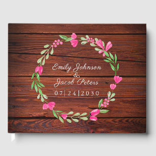Rustic Brown Wood Pink Floral Country Wedding Guest Book