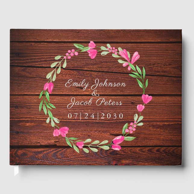 Rustic Brown Wood Pink Floral Country Wedding Guest Book (Front)