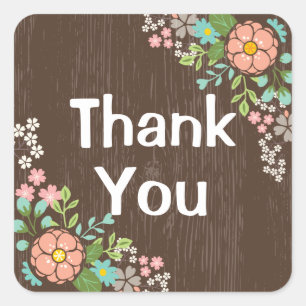 Rustic Brown Wood Pink Floral Thank You Wedding Square Sticker