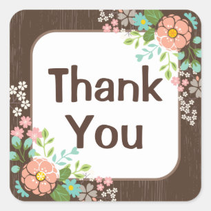 Rustic Brown Wood Pink Floral Thank You Wedding Square Sticker