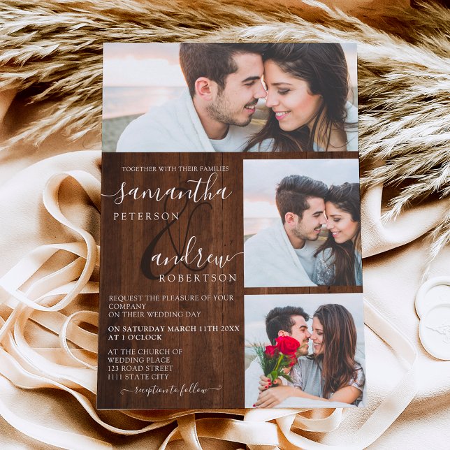 Rustic brown wood script 3 photos wedding invitation (Creator Uploaded)