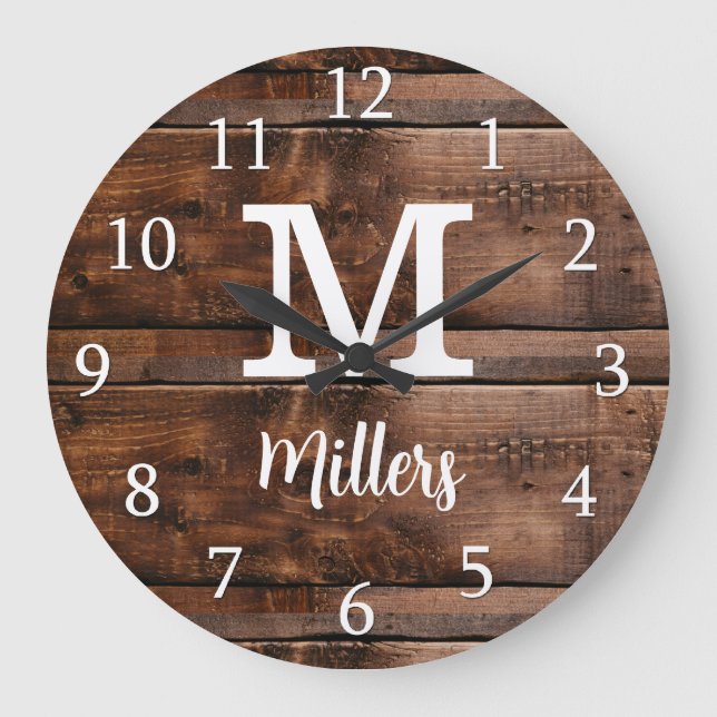 Rustic Brown Wood Script Family Name Monogrammed  Large Clock (Front)