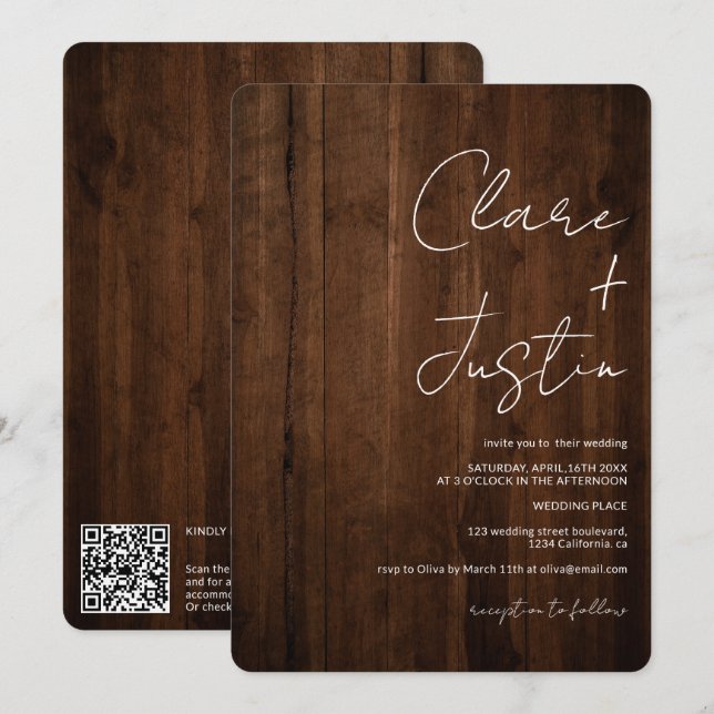 Rustic brown wood script names qr code wedding invitation (Front/Back)