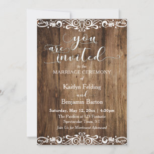 Rustic Brown Wood, Scrollwork, Typography Wedding Invitation