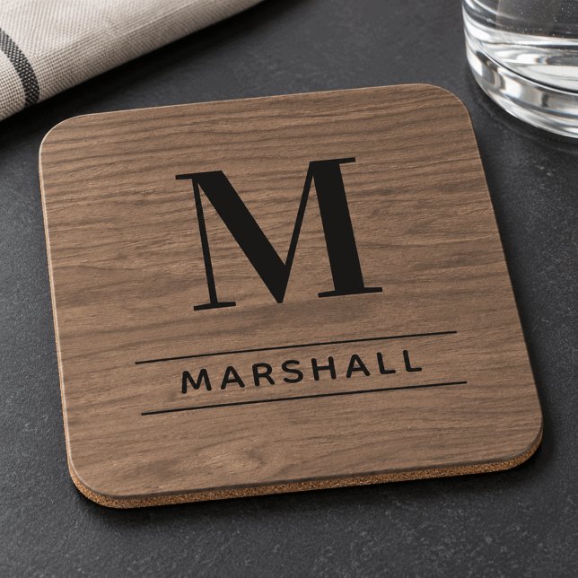 Rustic Brown Wood Serif Monogram Name Coaster (Creator Uploaded)