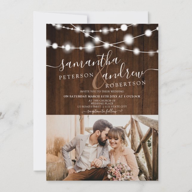 Rustic brown wood string lights 2 photos wedding invitation (Back)