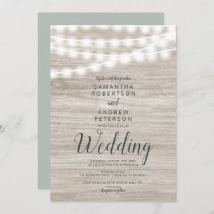 Rustic brown wood string lights simple wedding invitation