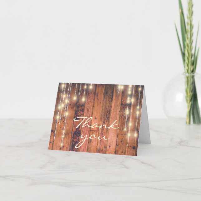Rustic Brown Wood String Lights Thank You Card (Front)