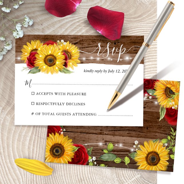 Rustic Brown Wood Sunflower and Red Rose Wedding RSVP Card (Watercolor red rose sunflower wedding RSVP & response cards on a simple DIY template.)