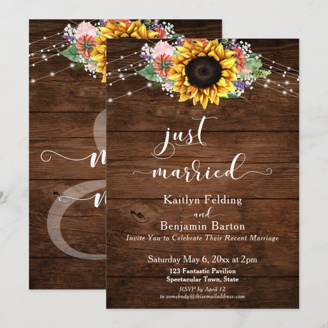 Rustic Brown Wood Sunflower Lights Just Married Invitation (Front/Back)
