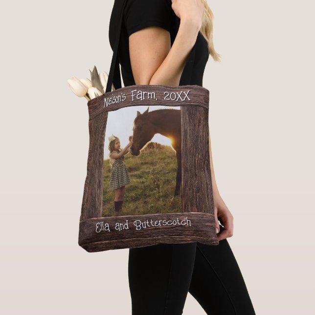 Rustic Brown Wood Text Editable Faux Photo Frame Tote Bag (Close Up)