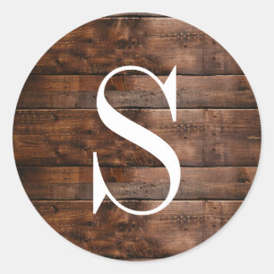 Rustic Brown Wood Texture Monogram Classic Round Sticker