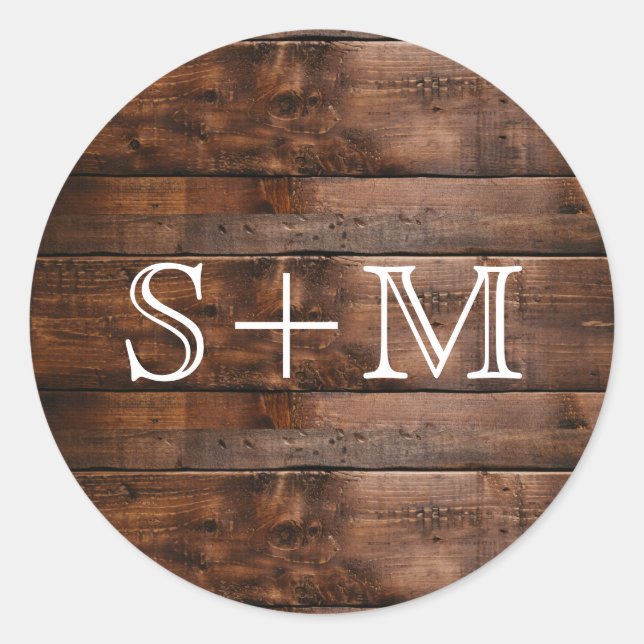 Rustic Brown Wood Texture Monogram Initials Classic Round Sticker (Front)