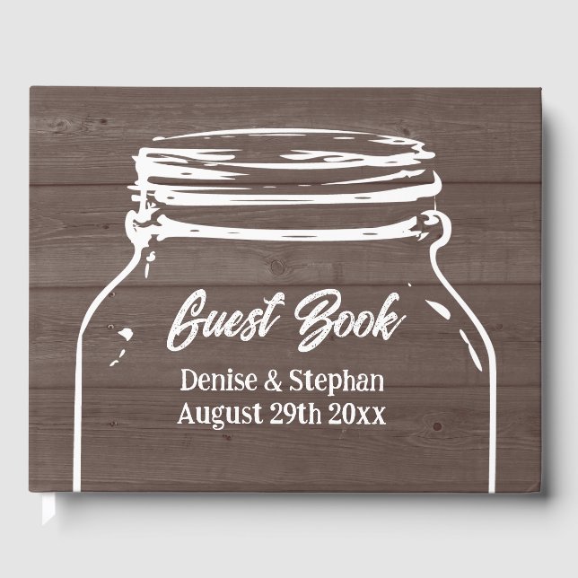 Rustic brown wood wedding mason jar silhouette guest book (Front)