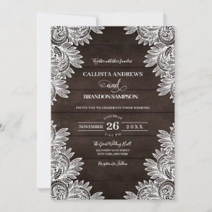 Rustic Brown Wood White Lace Country Wedding Invitation