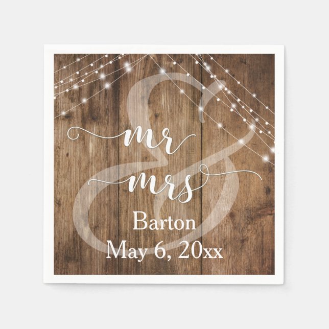 Rustic Brown Wood, White Light Strings Mr & Mrs Napkin (Front)