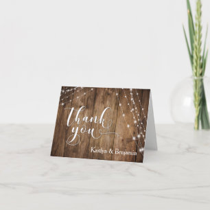 Rustic Brown Wood, White Light Strings Thank You 1 Card