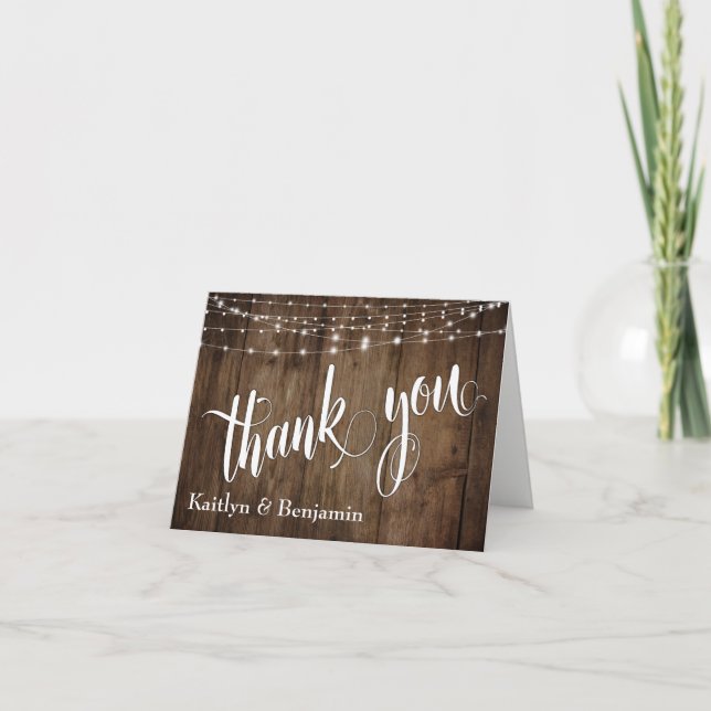 Rustic Brown Wood, White Light Strings Thank You Card (Front)
