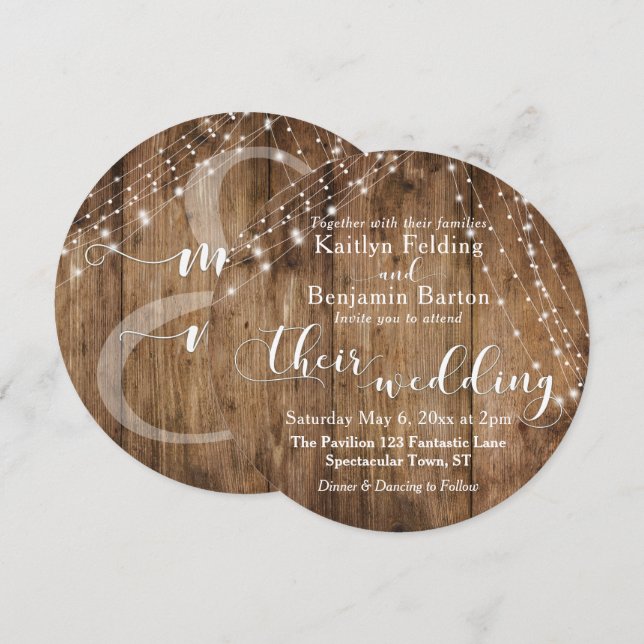 Rustic Brown Wood, White Light Strings Wedding 2c Invitation (Front/Back)