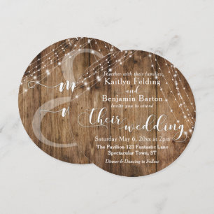 Rustic Brown Wood, White Light Strings Wedding 2c Invitation