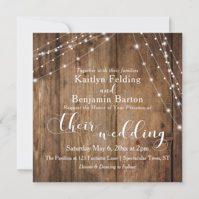 Rustic Brown Wood, White Light Strings Wedding 2c Invitation (Front)