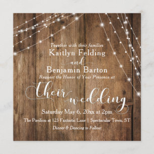 Rustic Brown Wood, White Light Strings Wedding 2c Invitation