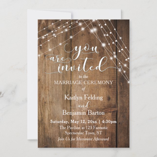 Rustic Brown Wood, White Light Strings Wedding Invitation (Front)