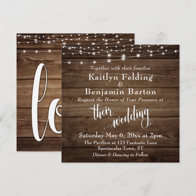 Rustic Brown Wood White Lights & Script, Wedding Invitation (Front/Back)