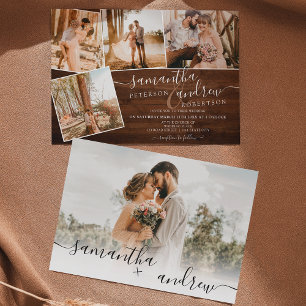 Rustic brown wood winter script 5 photos wedding invitation