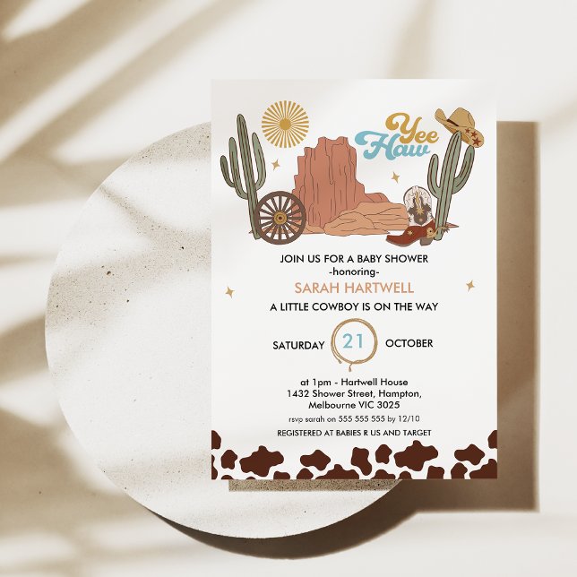 Rustic Brown Yea Haw Little Cowboy Baby Shower Invitation (Editable Cowboy Baby Shower Invitation, Little Cowboy baby shower Invite, Wild West Theme, Boy)