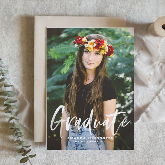 Rustic Brush Calligraphy Photo Graduation Announcement Postcard (Customizable photo graduation announcement postcard featuring white brush lettering. )