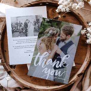 Rustic Brush Lettering Overlay Photo Wedding Thank You Card