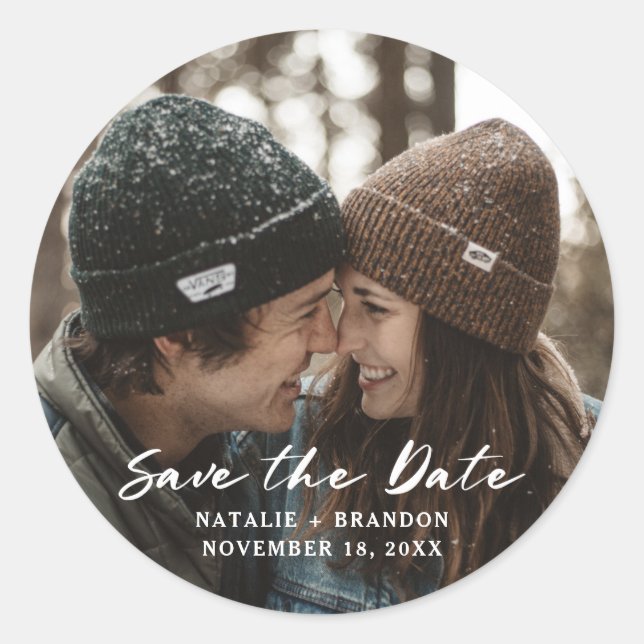 Rustic Brush Script Wedding Save the Date Photo Classic Round Sticker (Front)