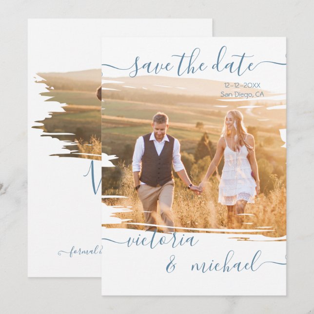 Rustic Brush stroke Wedding Photo Save the date Invitation (Front/Back)
