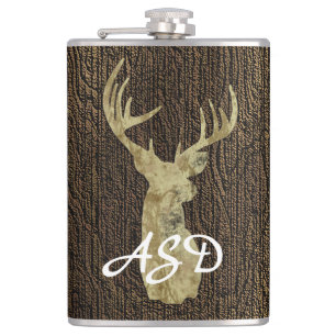 Rustic Buck Deer Hunting Monogram Hip Flask