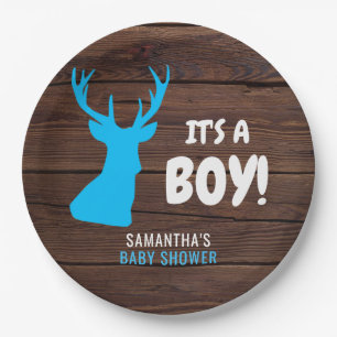 Rustic Buck Deer Wood IT'S A BOY Baby Shower Paper Plate
