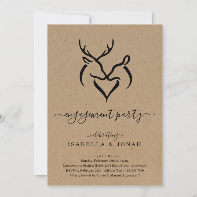 Rustic Buck & Doe Deer Antlers Engagement Party Invitation (Front)