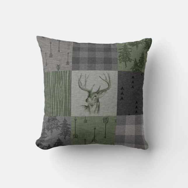 Rustic Buck Throw Pillow - Green/Grey (Front)